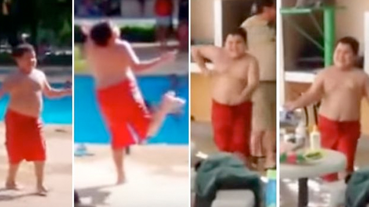 Kid does funny Cuban dance by the pool